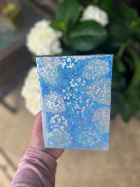 Mini authentic hydrangeas on block canvas