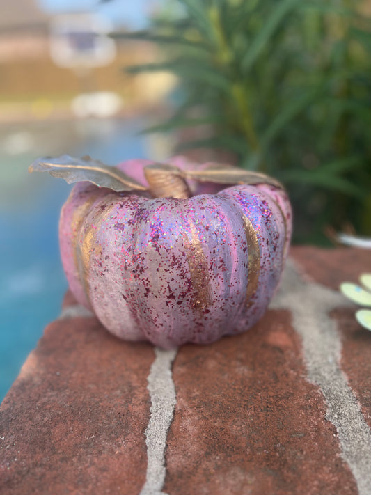 Blush, pink and gold hand painted pumpkin