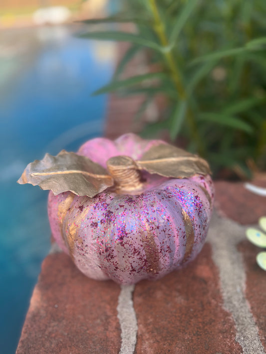 Blush, pink and gold hand painted pumpkin