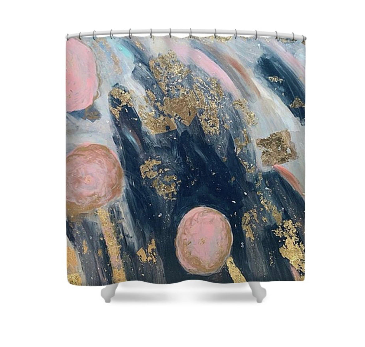 “Bloom” Navy and Pink abstract shower curtain