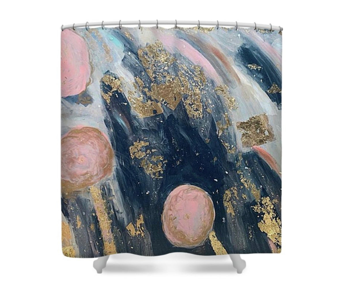 “Bloom” Navy and Pink abstract shower curtain