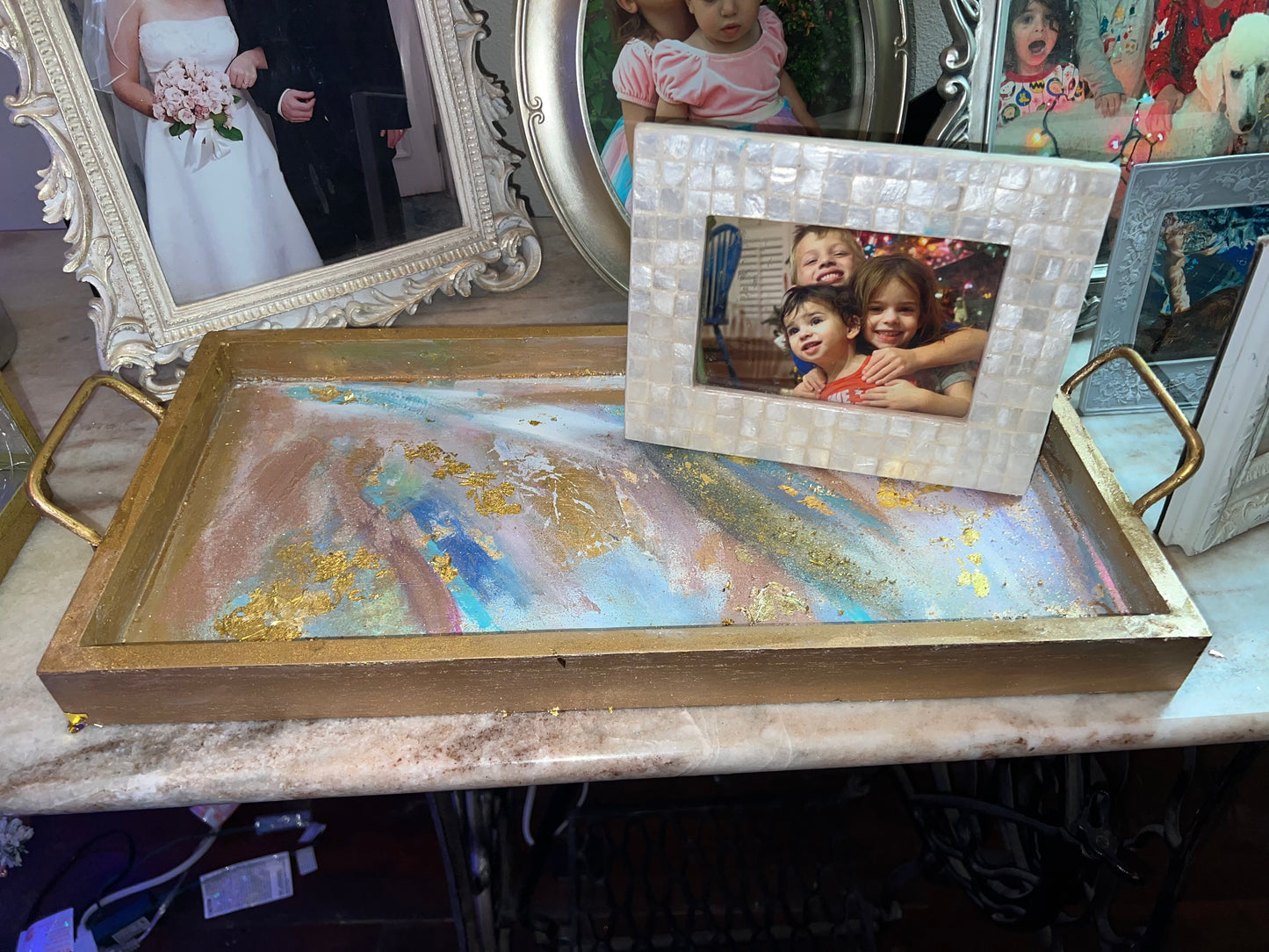 Gold leaf embellished, acrylic painted wooden serve tray