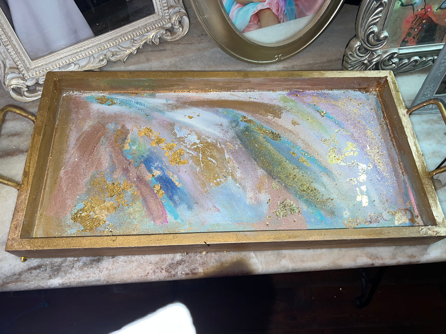 Gold leaf embellished, acrylic painted wooden serve tray