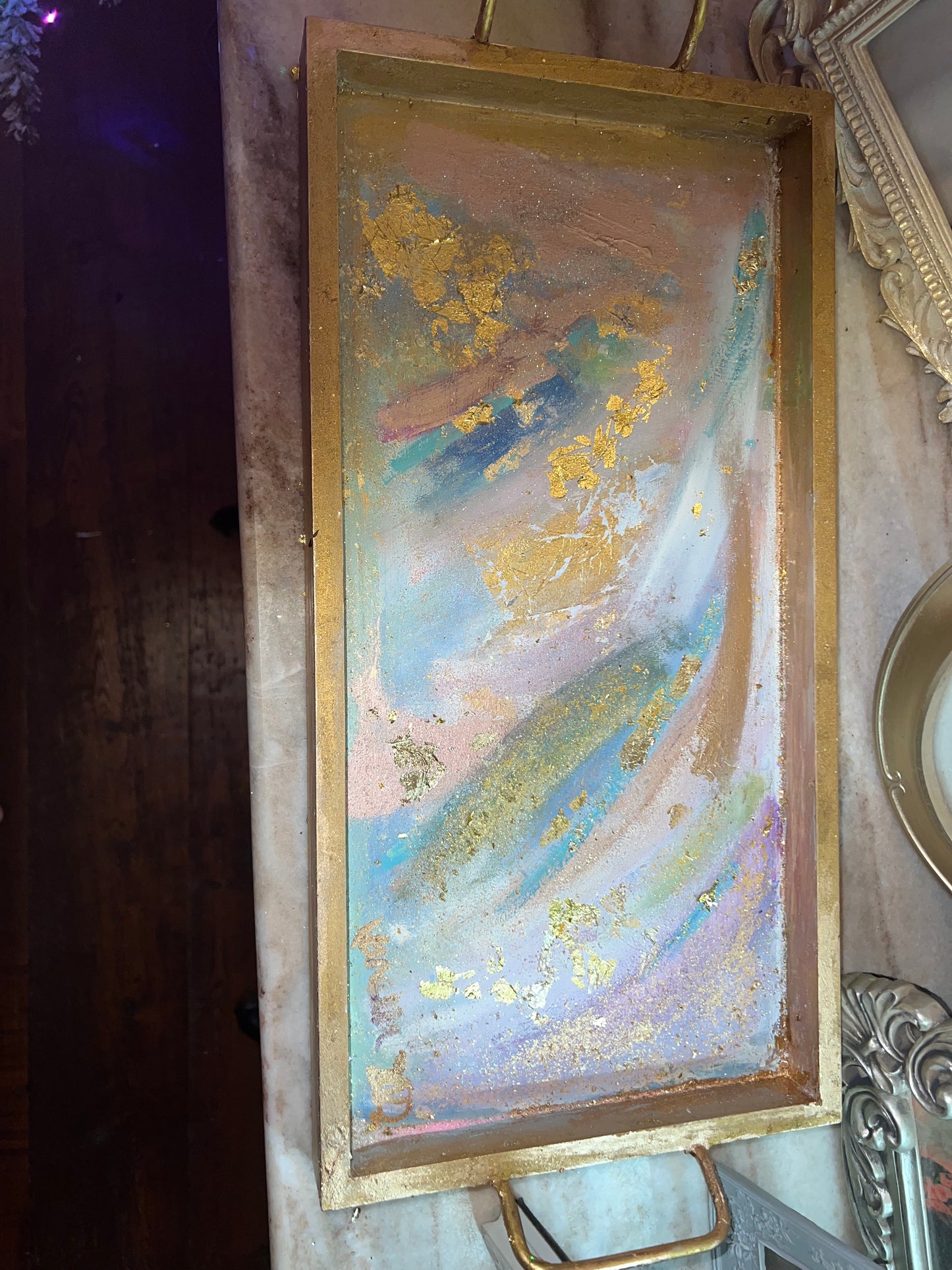 Gold leaf embellished, acrylic painted wooden serve tray