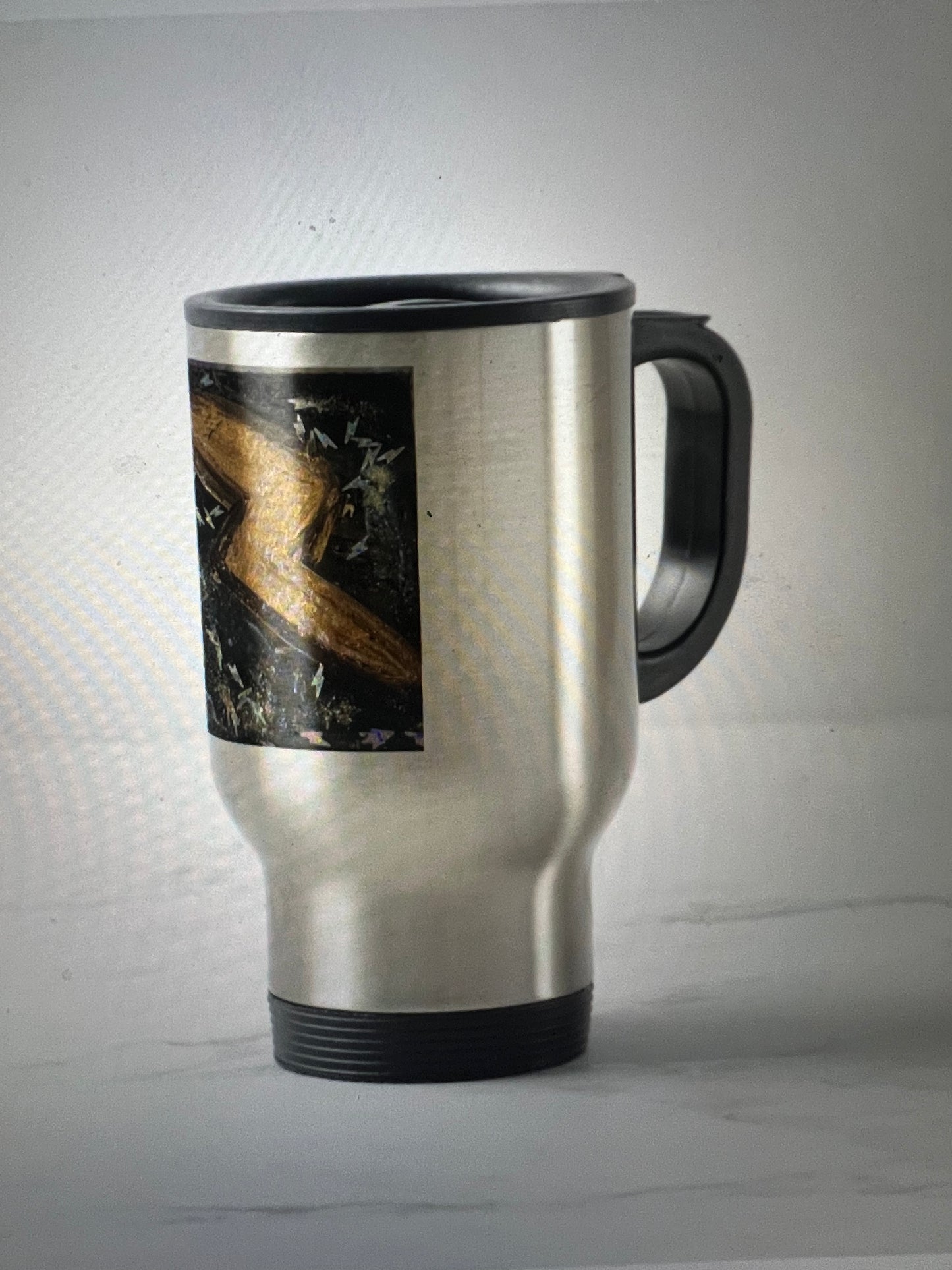 TCB inspired stainless travel mug with handle